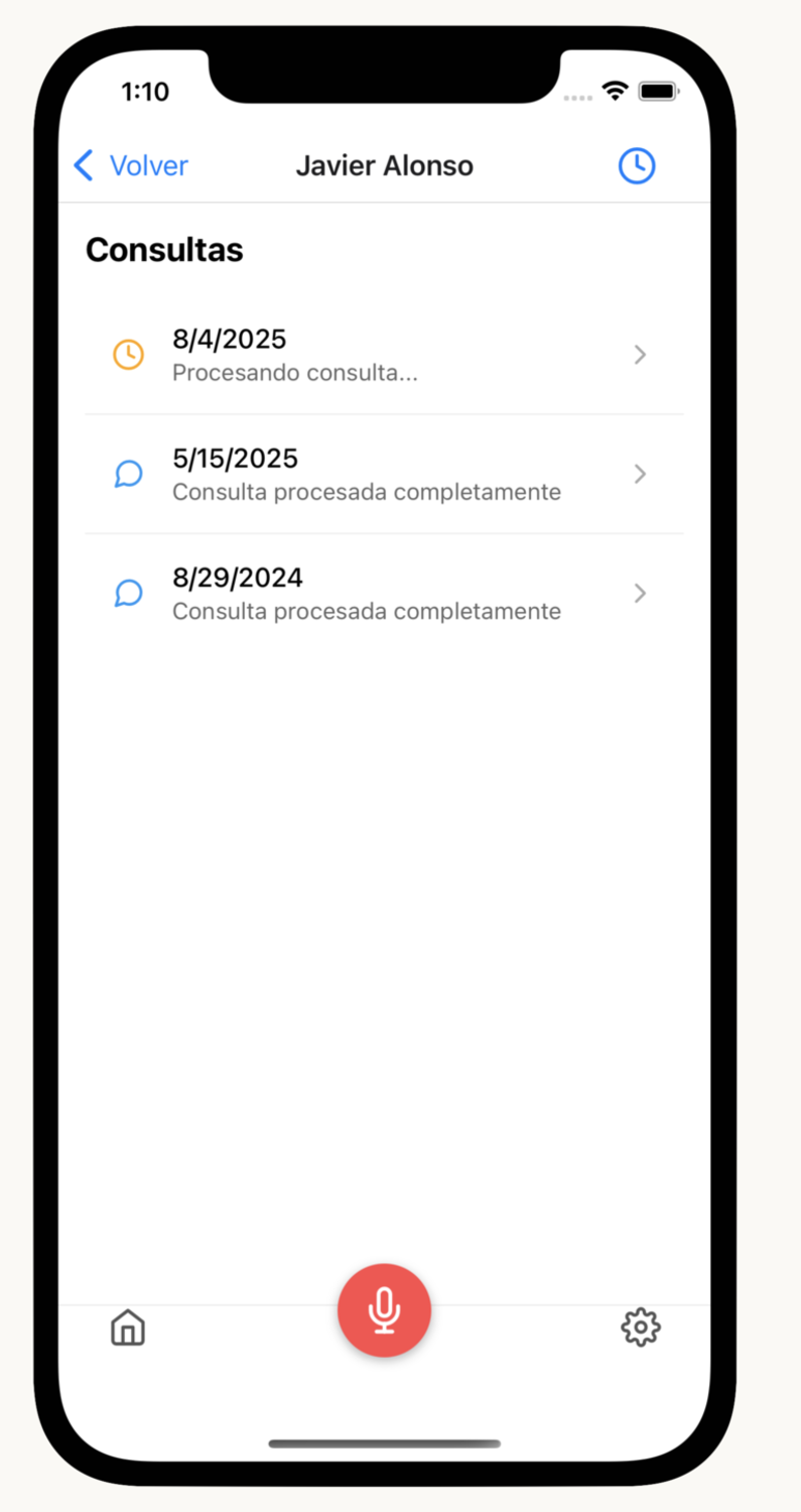 Pantalla de la aplicación Calíape mostrando una consulta en curso