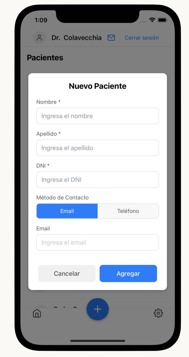 Pantalla de la aplicación Calíape mostrando la lista de pacientes