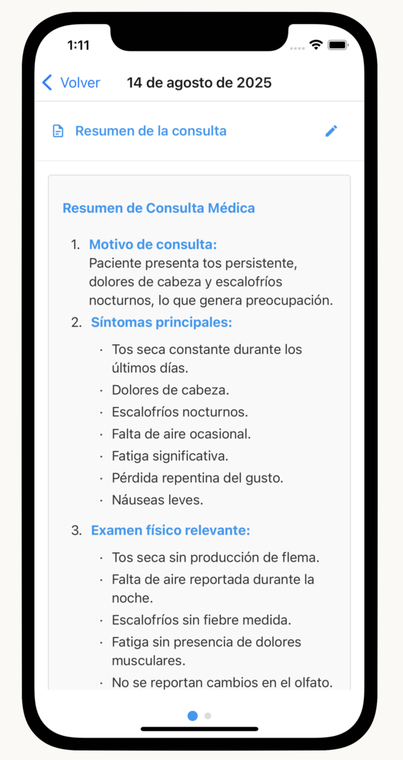Pantalla de la aplicación Calíape mostrando un resumen clínico generado